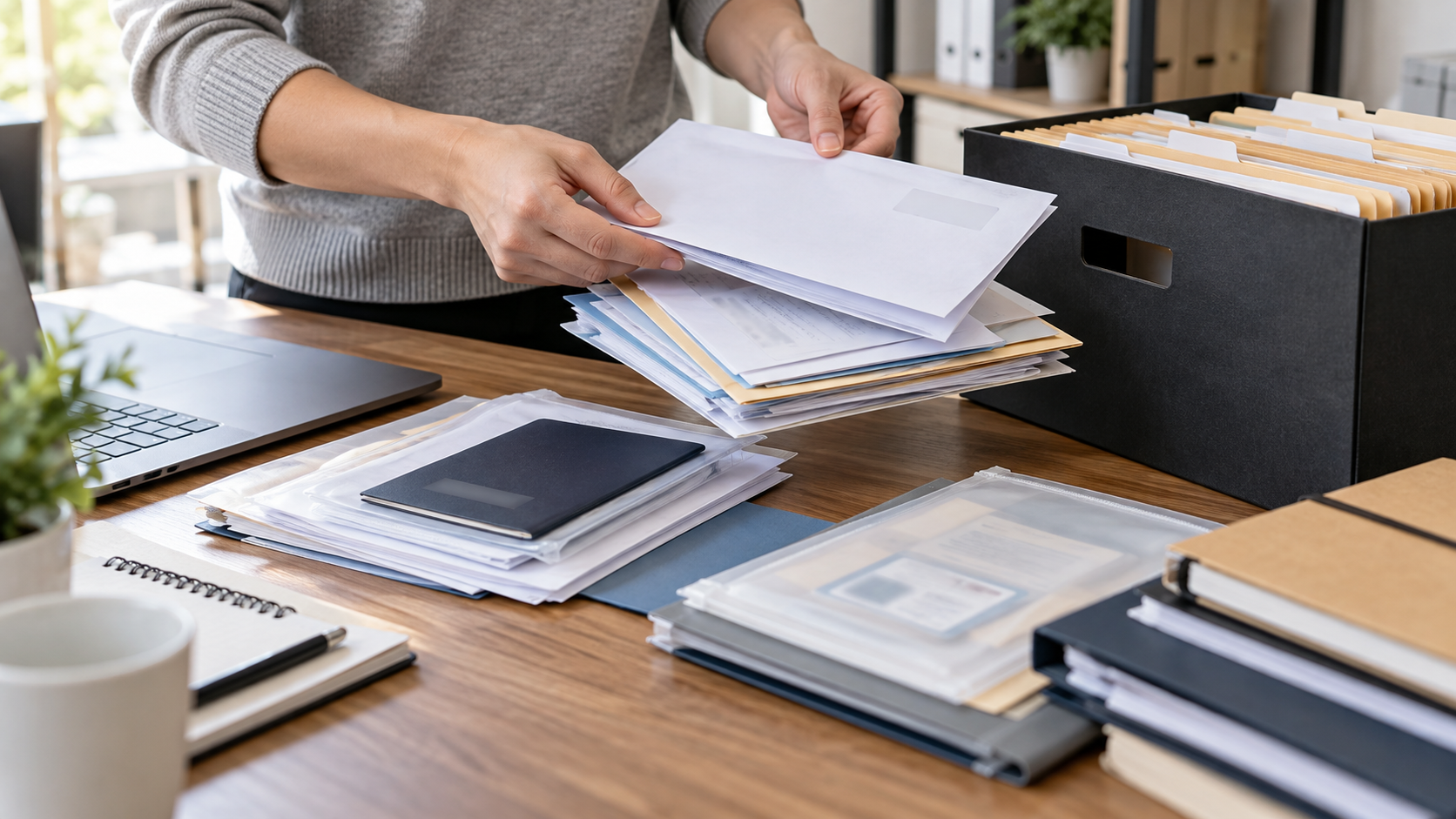 Hands deciding which redacted records belong in a contractor archive