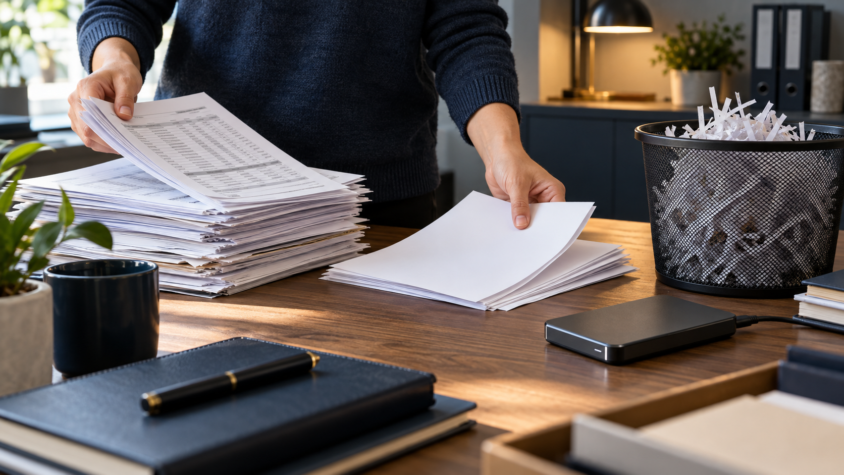 Hands separating duplicate paperwork before encrypted storage
