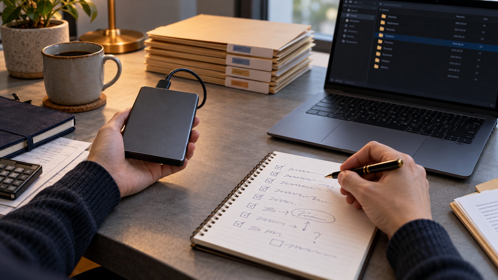 Hands diagnosing archive access using a backup drive and checklist