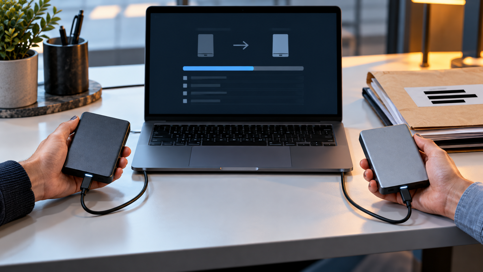 Hands comparing two backup drives during a restore test
