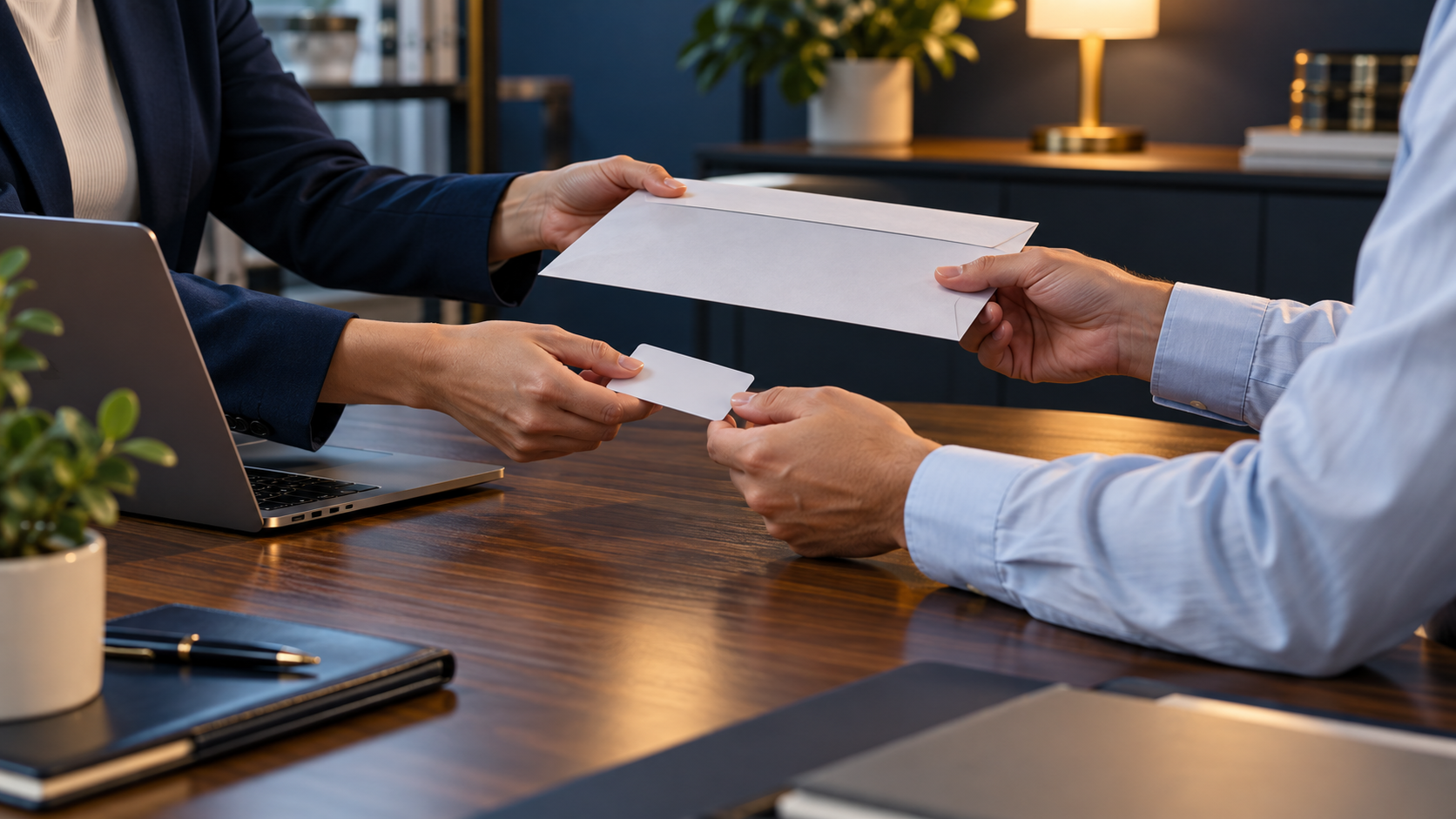 Two people exchanging a sealed record envelope and separate access card