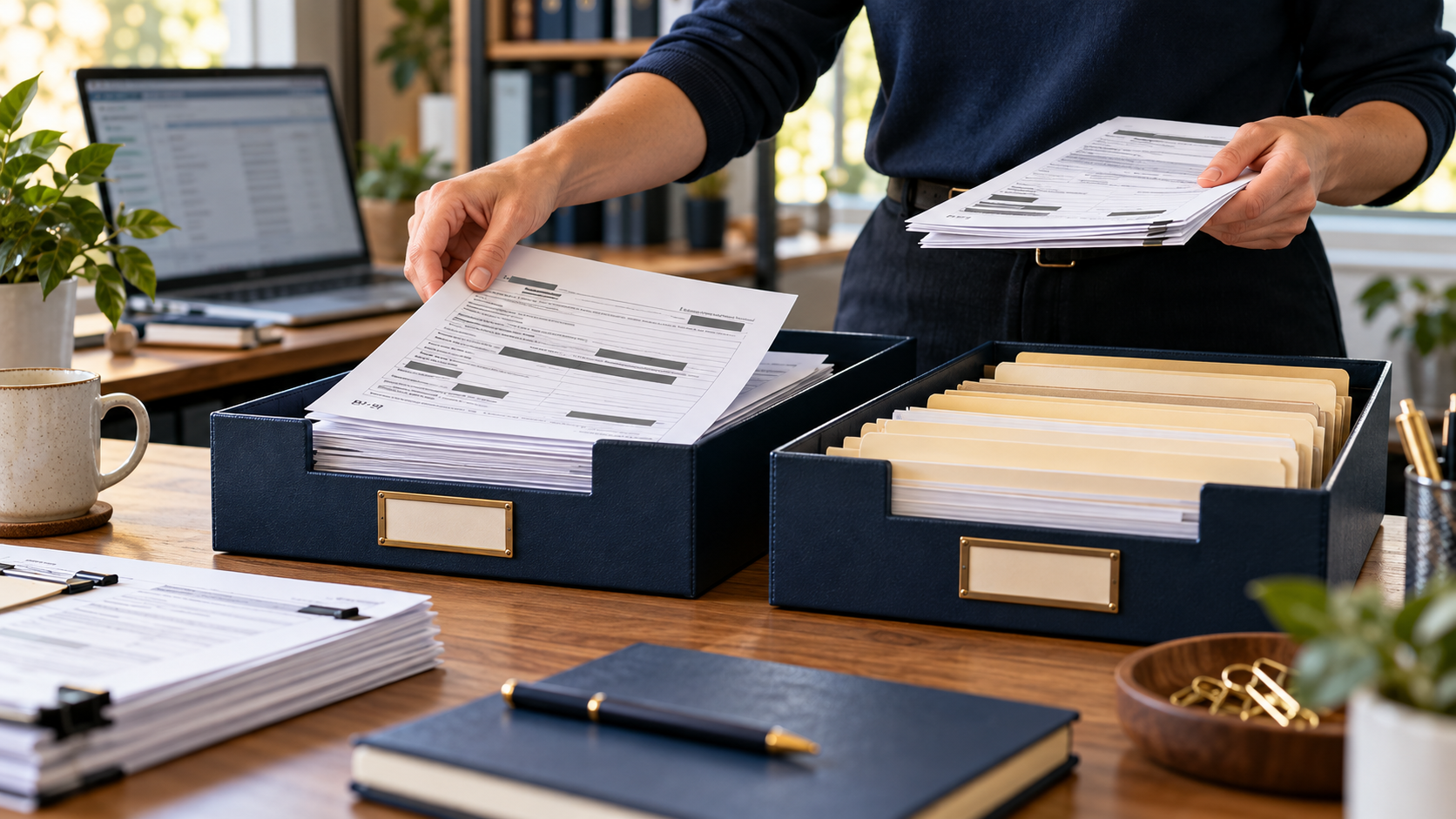 Hands sorting redacted contractor tax forms into intake and archive trays